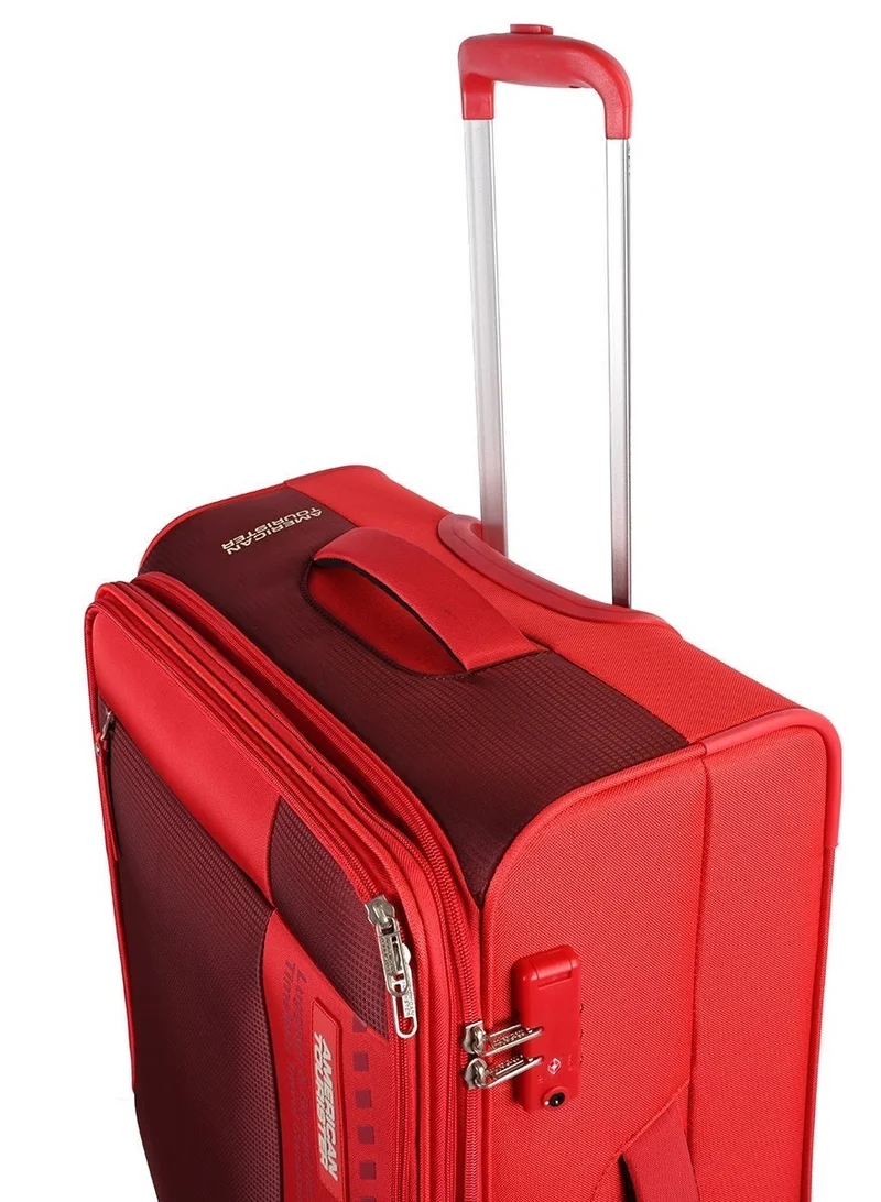 AMERICAN TOURISTER Marina Suitcase, Check-In Size 70 cm / 26 inch, 4 Spinner Wheels, Soft Top, 100% Polyester, Red|Inner Mesh Zippered Pocket|Expandable|TSA Lock|Voluminous Front Pocket - 3 Years International Warranty
